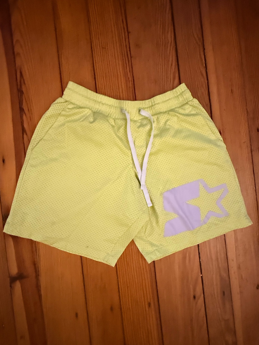 STARTER Neon Yellow Mesh Drawstring Shorts with white Star